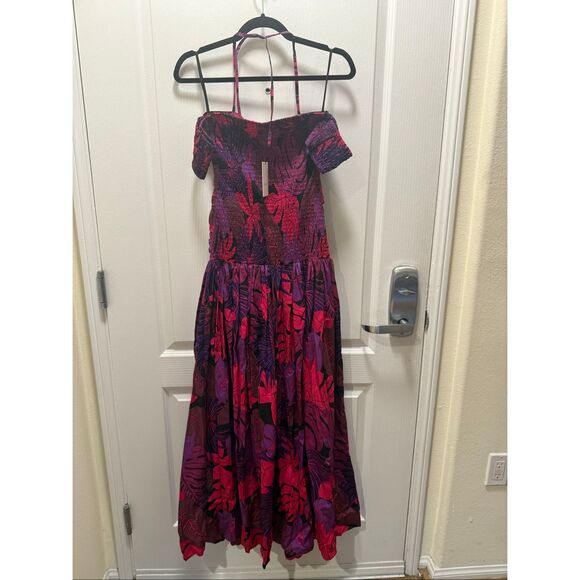 S/W/F Tropical Pink & Purple Off-Shoulder Maxi Dress vacation size S NWT - Picture 6 of 6